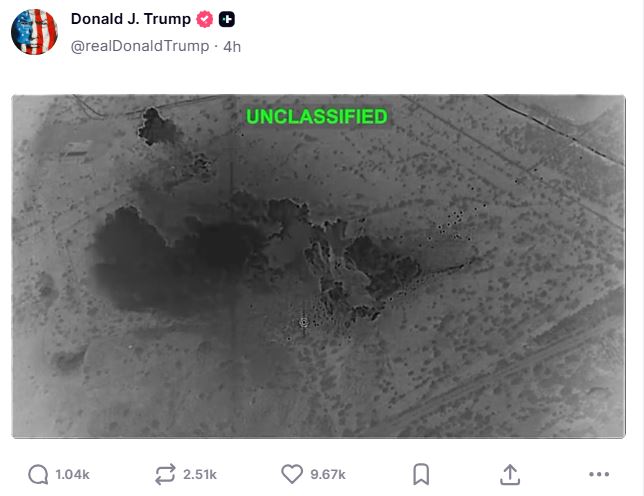 川普公開美軍轟炸哈爾克島畫面，並表示「美軍已摧毀哈爾克島上所有軍事目標」。（圖／翻攝自川普Truth Social）