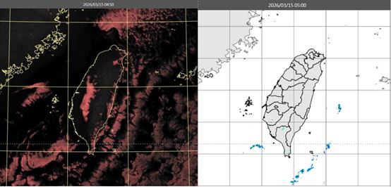 今晨4:50真實色雲圖顯示，臺灣各地幾乎晴朗無雲，東側海上有冷平流減弱後的殘存雲層(左)。5時雷達回波合成圖顯示，無降水回波顯現(右)