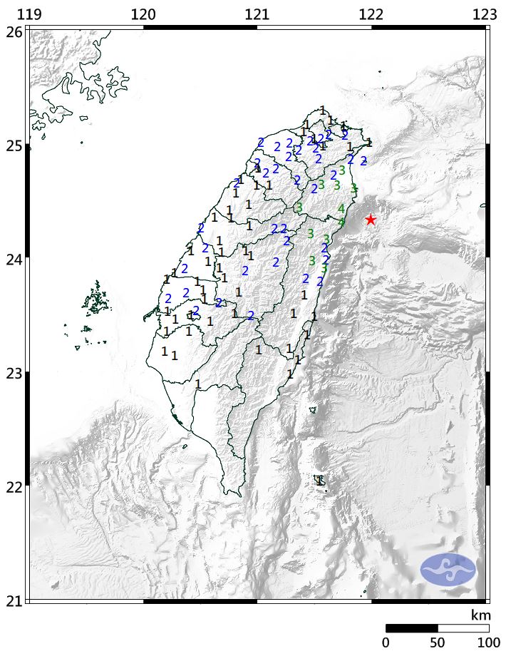 全台大晃動!宜蘭外海規模 5.4 地震突襲 今(15)日16時14分臺灣東部海域發生芮氏規模5.4地震,近乎全台有感,宜蘭、花蓮最大震度4級,公路局東區養護工程啟動災情巡查。(圖/翻攝氣象署)