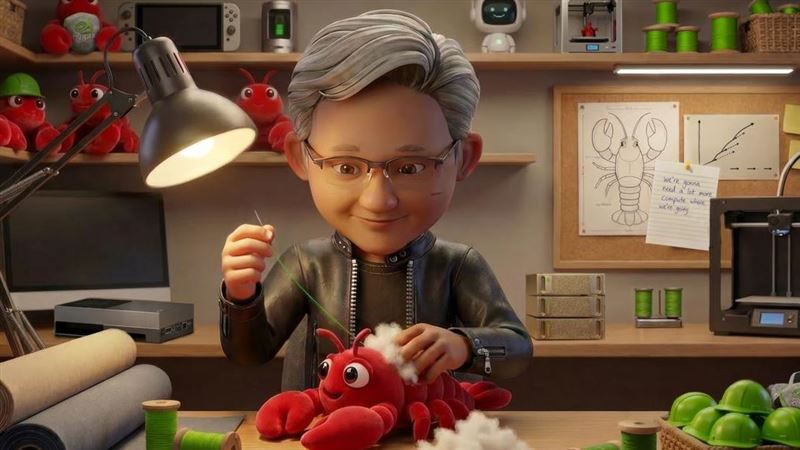 【GTC2026】NVIDIA GTC 2026在大會現場設立巨型看板,象徵AI新紀元正式開啟,吸引全球科技精英朝聖。輝達釋出的Q版宣傳照中,黃仁勳親手縫製「龍蝦」AI助手,象徵科技與人性的完美結合。(圖/翻攝自輝達官網)