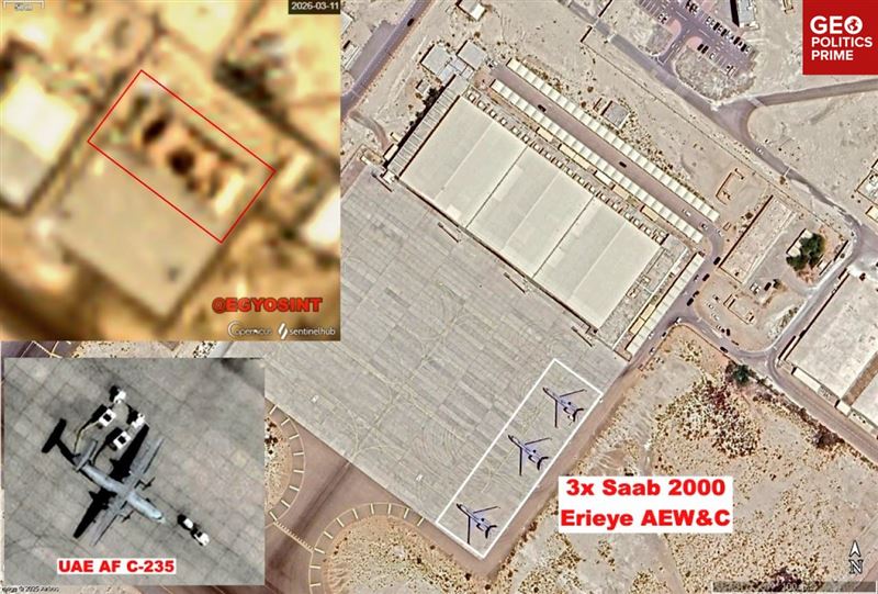衛星影像揭露，阿聯迪哈夫拉基地三座「全球之眼」預警機的機庫被毀，裏頭停放的飛機凶多吉少。（圖／翻攝自X平台 @SprinterPress）