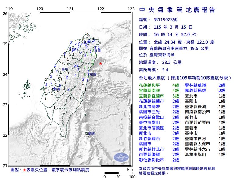 宜蘭外海今天下午4時許發生規模5.4地震，氣象署：未來3天防餘震。（圖／翻攝中央氣象署官網）