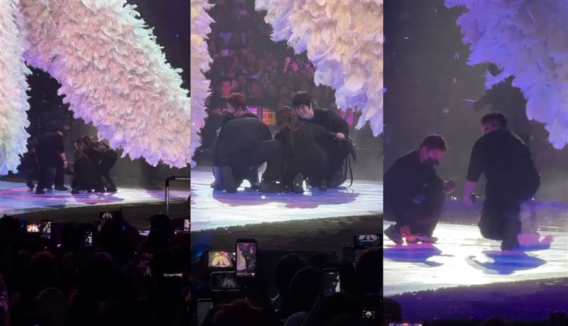 阿信還一度在舞台與工作人員蹲下查看問題。（組合圖／翻攝自微博）