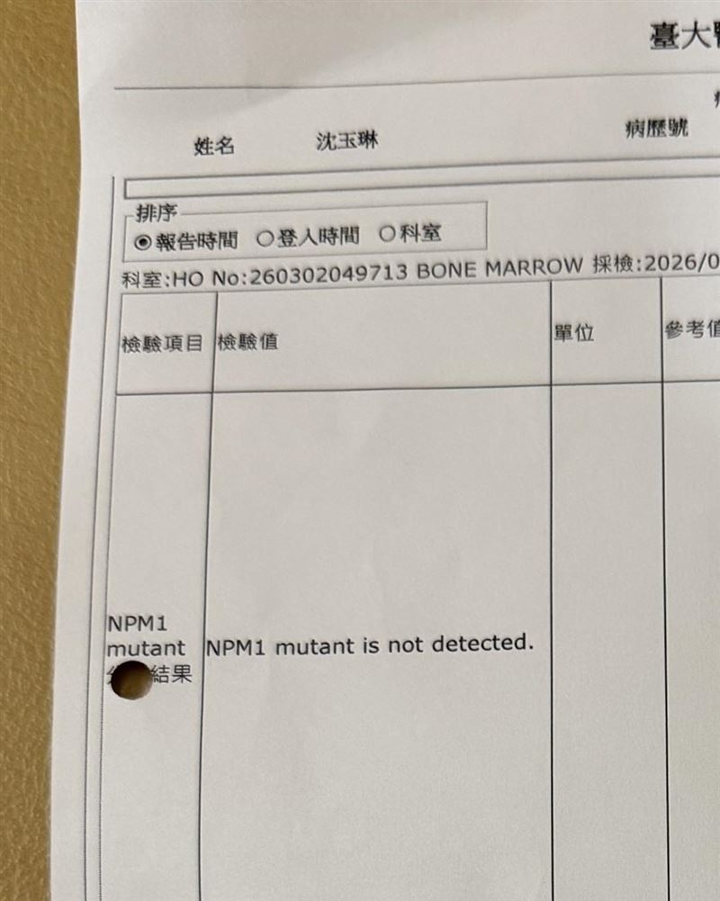 沈玉琳公開檢測報告，宣布抗癌成功。（圖／翻攝自沈玉琳臉書）