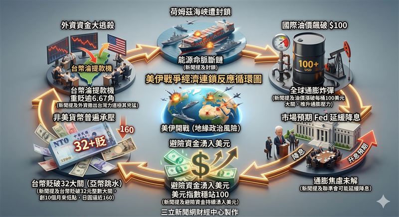 美伊戰爭導致全球地緣政治風險飆升，避險資金如潮水般湧入美元保值。新台幣今日開盤後一瀉千里，正式貶破32元整數大關，刷新10個月來新低紀錄。（示意圖／AI製圖）