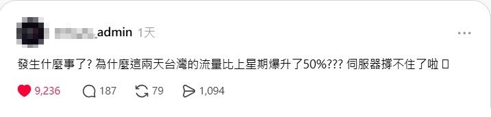盜版成人網站遭新北市封鎖後,透露流量比上星期爆升了50%,伺服器撐不住。(圖/翻攝自盜版成人網站Threads)