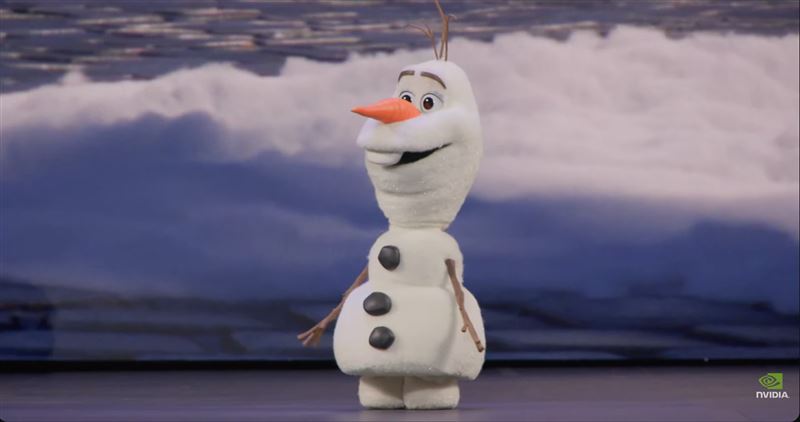 黃仁勳於GTC 2026攜手迪士尼推出AI機器人「雪寶」，結合Newton引擎與強化學習，突破非對稱物理結構穩定行走。這象徵物理AI從工業轉向情感互動，預計2026年進駐全球迪士尼。（圖／翻攝自Nvidia網站）