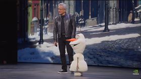 黃仁勳於GTC 2026攜手迪士尼推出AI機器人「雪寶」，結合Newton引擎與強化學習，突破非對稱物理結構穩定行走。這象徵物理AI從工業轉向情感互動，預計2026年進駐全球迪士尼。（圖／翻攝自Nvidia網站） 