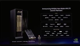 黃仁勳於GTC 2026證實三星代工Groq技術LP30晶片，預計Q3出貨。新平台Vera Rubin NVL72同步啟動，台廠展現驚人宰制力，包括鴻海、廣達、英業達等9家公司在13家硬體商中佔比破7成，穩坐全球AI硬體核心。（圖／翻攝自Nvidia網站） 