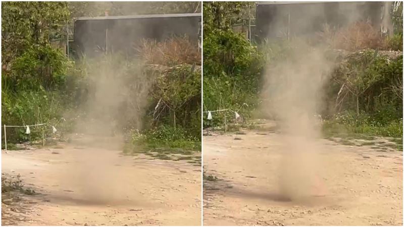 民眾表示,餐廳外的空地突然傳來風切聲響,隨後就出現「塵捲風」。(圖/謝鎮陽提供)