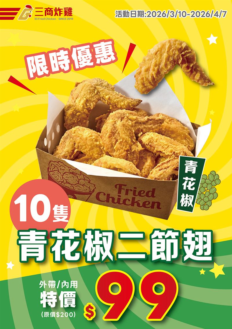 三商炸雞青花椒二節翅特惠價99元。（圖／品牌業者提供）