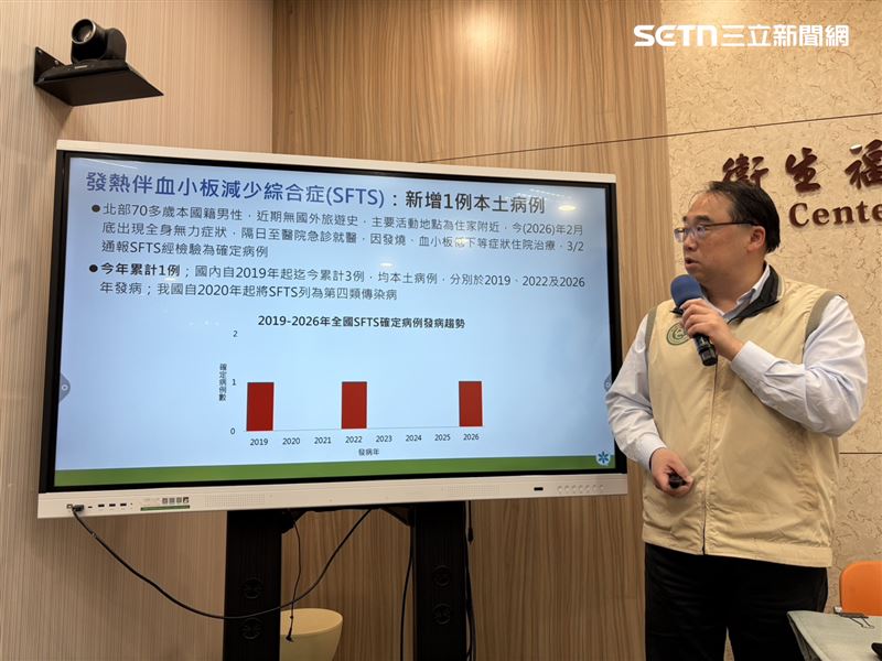 疾病管制署今日公布1例發熱伴血小板減少綜合症(SFTS)病例，為北部70多歲本國籍男性。（圖／記者簡浩正攝影）