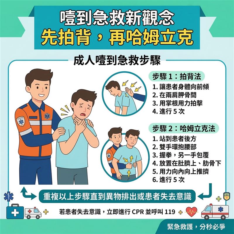 噎到時搶救第一步驟，從哈姆立克法變為「拍背」。（圖／翻攝自消防署臉書）