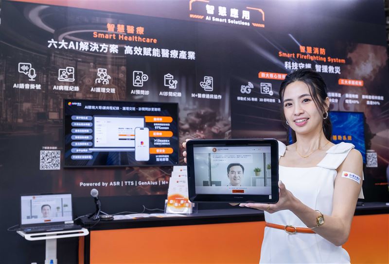 「智慧醫療」方面，聚焦三大核心AI能力，包含支援中、英、台、客混合語音辨識(ASR)與文字轉語音(TTS)的技術，以及以大型語言模型為基礎的GenAIus智慧大腦，發展出AI 病程紀錄、AI 診間紀錄等五大AI應用。此外，台灣大旗下M+企業即時通訊串聯醫療資訊系統，實現醫囑雙向即時回饋，加速醫療決策。（圖／電信業者提供）