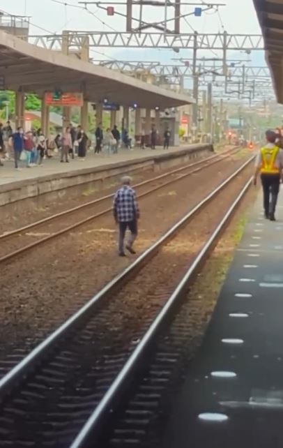 台鐵樹林站驚險一幕！老翁入侵鐵軌漫步，站務員月台狂追。（圖／Threads @wupunpun_1216授權提供）