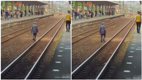 台鐵樹林站驚險一幕！老翁入侵鐵軌漫步　站務員月台狂追畫面曝光。（圖／Threads @wupunpun_1216授權提供）