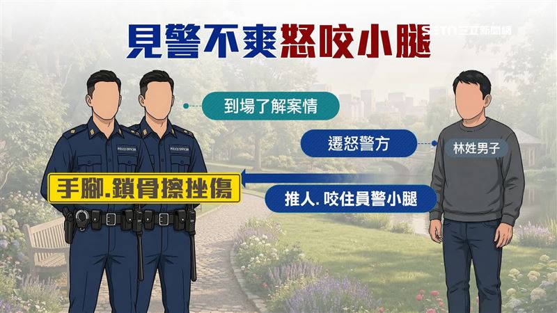 警方到場後，男子將憤怒轉移，不只動手推人，還張嘴咬住員警小腿