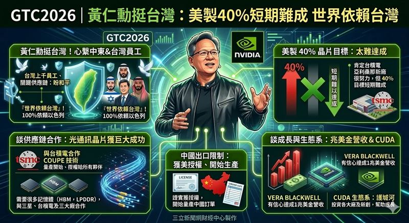 黃仁勳在GTC大會直言「世界依賴台灣」，並坦言美製40%晶片短期難達標。輝達不僅攜手台積電量產COUPE技術，更將斥巨資鞏固CUDA生態系。隨著中國伺服器獲准投產，輝達正全力衝刺1兆美元營收大關。(圖／AI製圖)