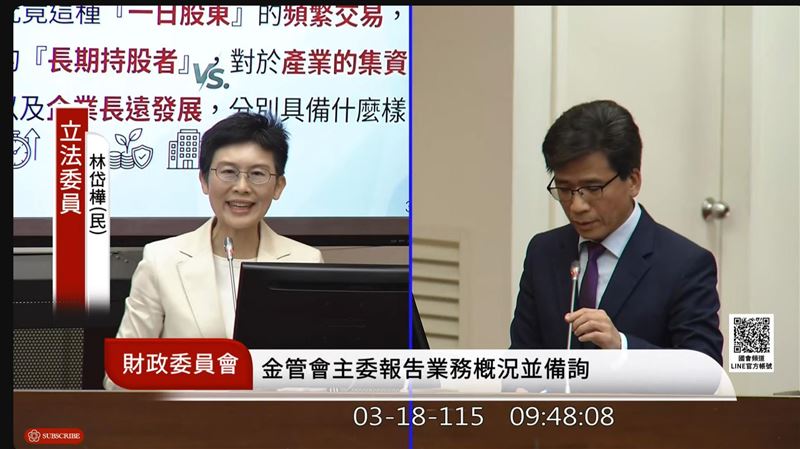 立委林岱樺質詢金管會主委彭金隆，指台股當沖佔比高達47%遠超美日，憂股市賭場化，更驚爆大學生慘賠延畢個案。她痛批稅制「懲罰長期投資、補貼短期投機」，促效法美國精神啟動結構改革。彭金隆允諾一個月內提評估報告。（翻攝自國會頻道）