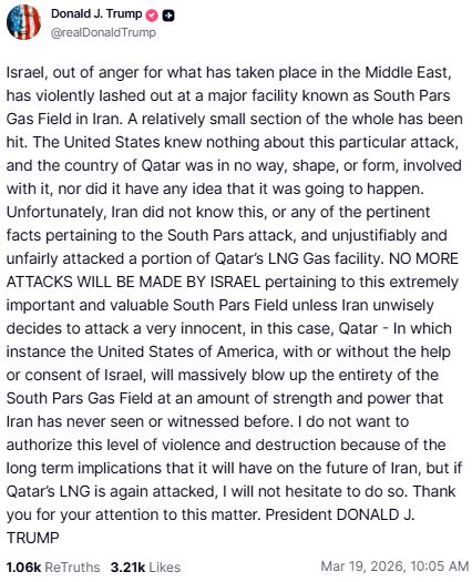 外界盛傳以色列攻擊伊朗氣田獲美國支持，川普18日深夜緊急PO文澄清，說他並不知情。（圖／翻攝自Truth Social @realDonald Trump）