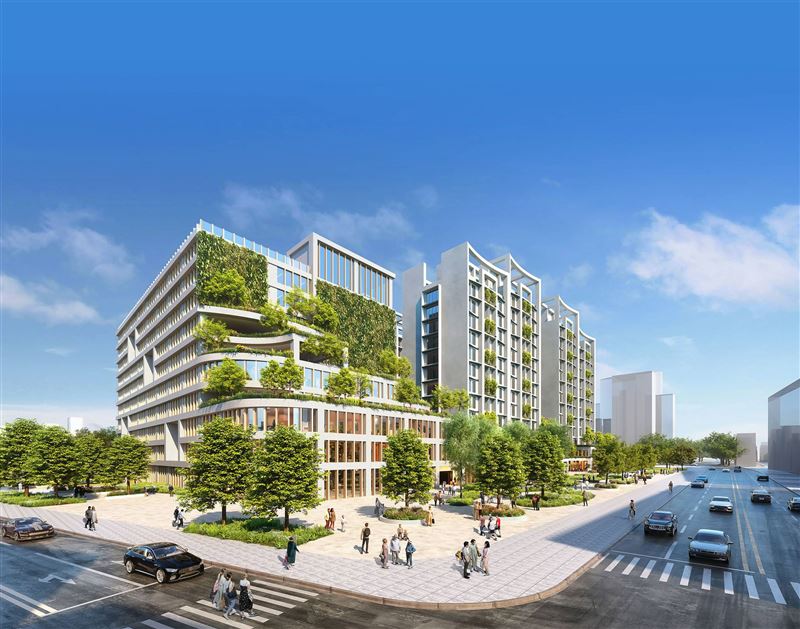 「晴空大地」未來一旁有「銀新未來城」，規劃結合醫療照護服務、幼兒托育、商場辦公、餐飲購物等一應俱全。(銀新未來城模擬圖，資料來源：新北市政府衛生局)