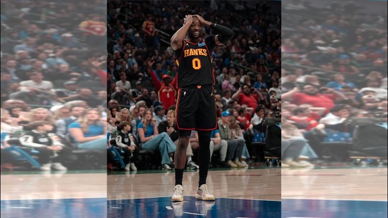 亞特蘭大老鷹前鋒庫明加（Jonathan Kuminga）於第3節終了前，意外投進一記長達74英呎（約22.5公尺）的超遠距離進球。（圖／翻攝自X平台 @TheHoopCentral）