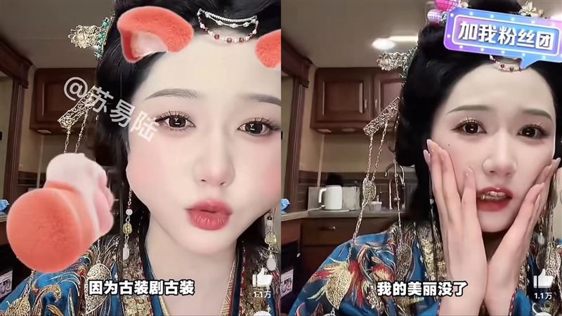 岳雨婷（左圖唯掉落前）補光燈突然掉落。（圖／翻攝自微博）