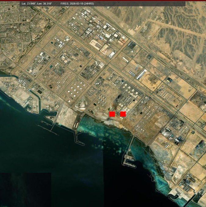 NASA影像顯示，沙烏地阿拉伯廷布港的煉油廠和油槽附近發生火災。（圖／翻攝自X平台 @MarioNawfal）