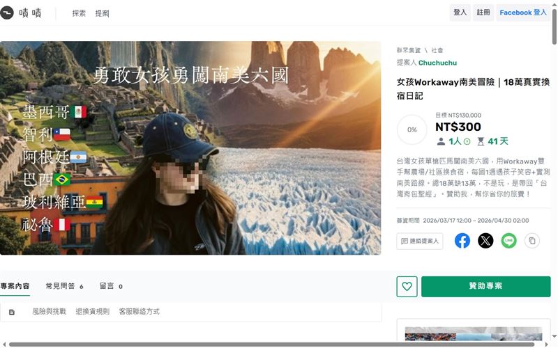 台灣「勇敢女孩」募資13萬遊南美六國，截至19日晚間為止，僅一人捐款300元。（圖／翻攝自嘖嘖平台）