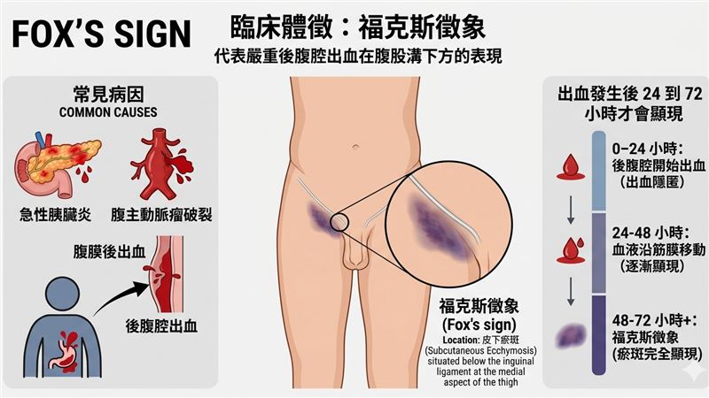 「福克斯徵象」是一種非創傷性皮下瘀斑，主要出現在大腿內側、靠近鼠蹊部。（圖／AI製圖）