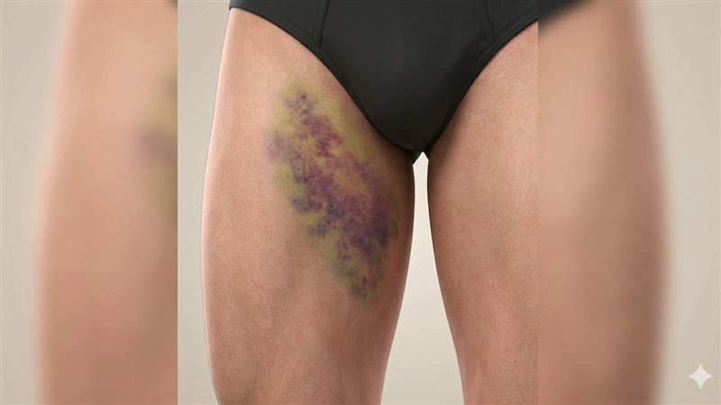 大腿根部或鼠蹊部附近出現大瘀血，很可能是「福克斯徵象」。（圖／AI製圖）