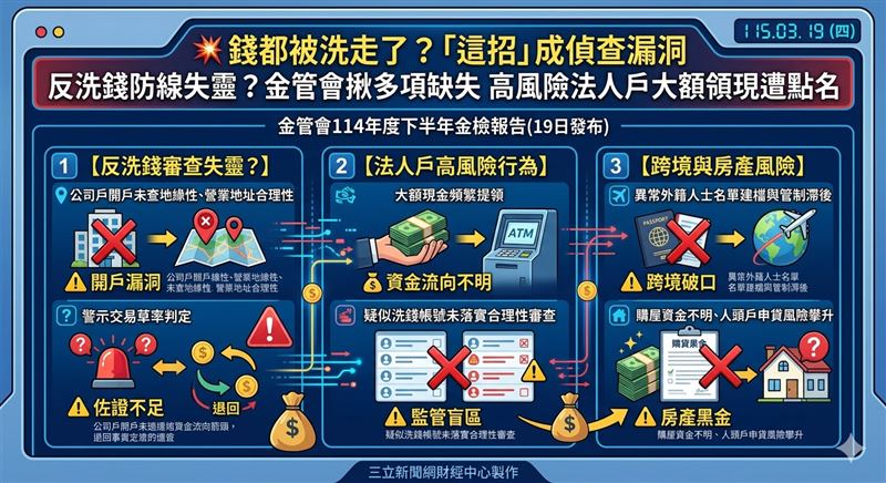 金管會公布114下半年金檢缺失，直指反洗錢審查多項疏失。包括法人戶開戶地緣性查核不實、高風險交易未留存佐證、以及外籍異常人士控管滯後。不動產方面，則點名銀行未查證大額現金來源，放任人頭戶透過不明第三方金流申貸。（AI製圖）
