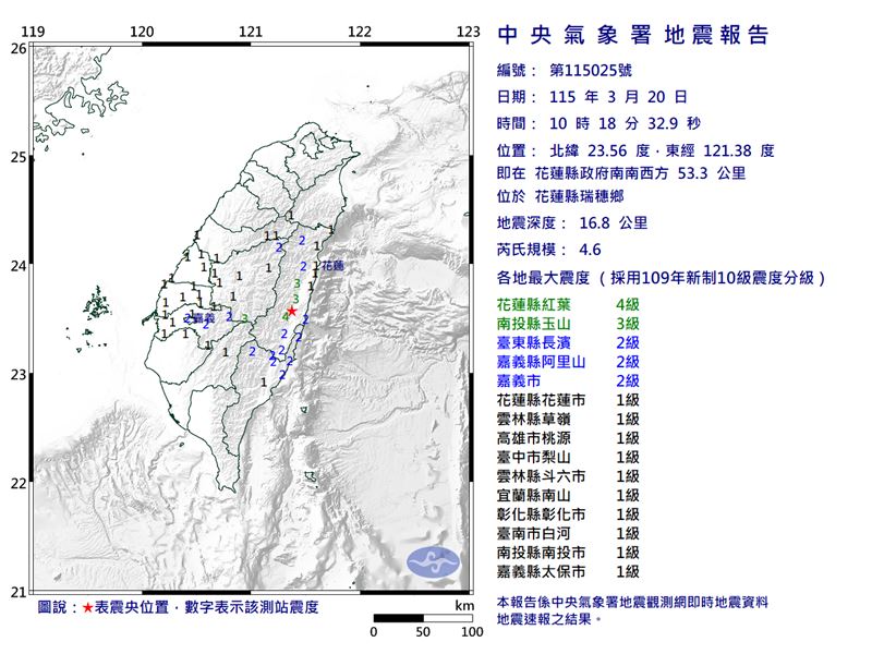 今（20）日上午10時18分，花東地區發生規模4.6地震，震央位於花蓮。（圖／氣象署）