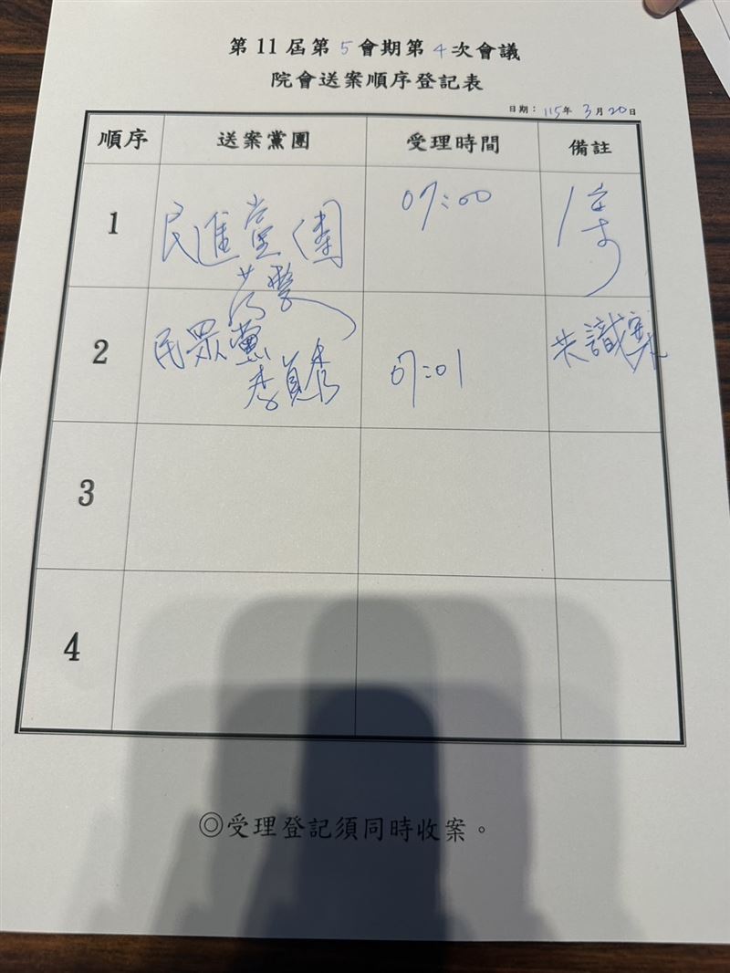 李貞秀把「共四案」寫成「共識案」，讓綠營立委傻眼。（圖／民進黨團提供）