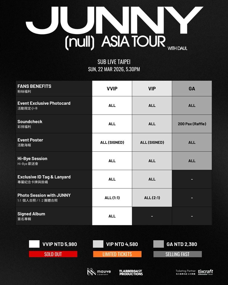 JUNNY演唱會福利、票價圖。（圖／FBG Live Taiwan提供）
