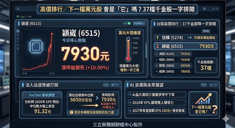 台股高價排行大洗牌，穎崴（6515）表現強勁，直接噴出一根漲停板鎖死，以7930元改寫紀錄，挑戰成為下一檔萬元股。根據三竹資訊最新報價，台股37千金部隊成形，測試介面與散熱族群表現尤為亮眼，成為盤面吸金重心。（示意圖／AI製圖）