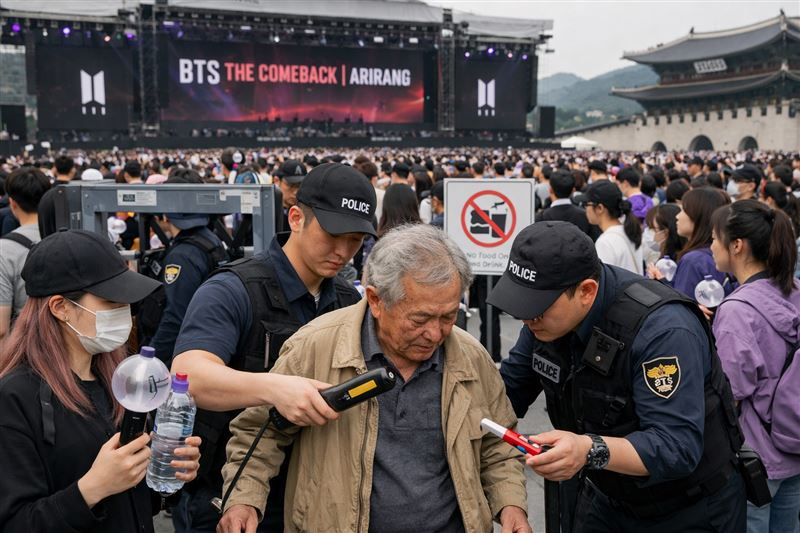 光化門現場已經擠滿了各國BTS的粉絲,一老翁拿刀過安檢禁止後怒丟地面。(圖/AI生成圖)