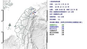 18:22宜蘭冬山鄉發生地震。（圖／中央氣象署）
