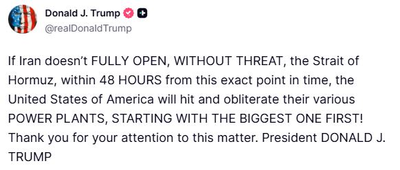 美國總統川普發布新的最後通牒，威脅伊朗48小時內開放荷莫茲海峽，否則將炸毀對方電廠。（圖／翻攝自X平台 @clashreport）