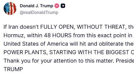 新／威脅轟電廠！川普限伊朗48小時開海峽
