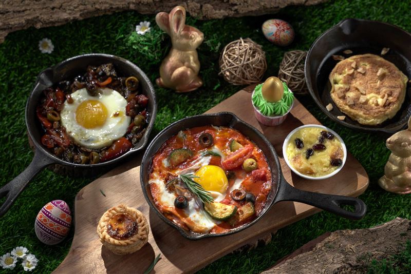 兒童節連假期間適逢復活節,君品酒店早餐餐檯設計許多期間限定的蛋料理。(圖/飯店旅宿業者提供)