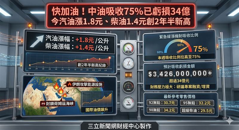 中東局勢惡化導致國際油價失控飆升，台灣中油宣布週一起汽、柴油大漲，創下兩年半來新高。為了穩定國內物價，中油將緩漲機制吸收比例拉高至75%，本週光是吸收金額就預計突破34億元。（示意圖／AI製圖）