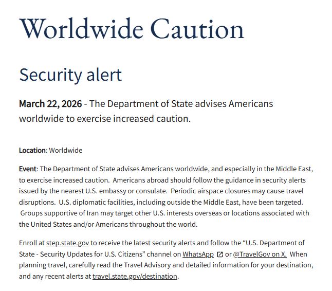 美國務院罕見發布「全球警示」，特別是身處中東地區的民眾，務必提高警覺。（圖／翻攝自美國國務院官網）