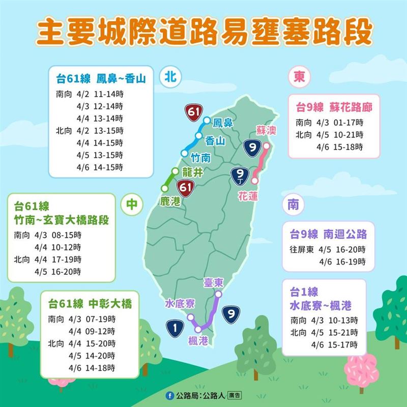 清明連假省道易塞時間與路段。（圖／公路局提供）