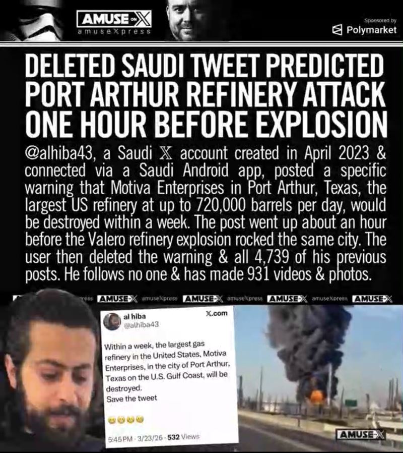 美國德州煉油廠爆炸，但是在爆炸發生前約一小時，社群平台「X」竟出現一篇來自沙烏地阿拉伯的神祕貼文，發出具體警告表示當地的最大煉油廠「將被摧毀」。（圖／翻攝自X平台@amuse帳號）
