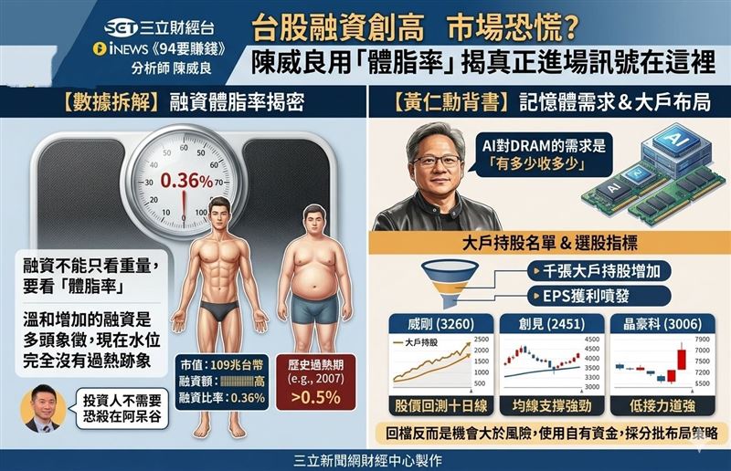 台股融資創高引發市場恐慌，陳威良以「體脂率」比喻揭露籌碼仍健康，並點出記憶體族群在AI需求與大戶布局下，拉回反成進場關鍵訊號。（示意圖／AI製圖）