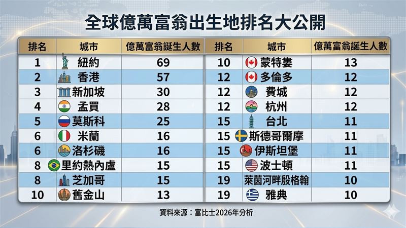 全球億萬富豪出生地排行榜。（AI製圖）