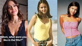 潔西卡艾芭近日在Instagram分享一段短影片，搭上流行哏「媽，妳在90年代的時候是什麼樣子的？」，畫面從潔西卡艾芭自信撥髮開場，接著快速切換多張90年代舊照。（圖／翻攝自潔西卡艾芭IG）