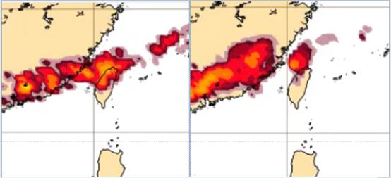 24日(左)及25日(右)20時歐洲模式,模擬下週二20時閃電密度圖顯示,閃電密集的形狀改變、且略向北調整,臺灣陸地受影響的範圍大幅減小,模式還會持續調整,下定論還太早