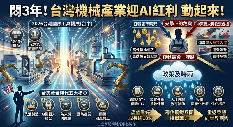 台灣機器雄兵破繭而出！工具機展千攤齊發，谷立言點名五大核心，宣告台美黃金時代降臨。雖遭日韓匯率封印與戰火運費夾擊，機械公會理事長莊大立仍發出鋼鐵咆哮，急尋政策及時雨，誓言讓產值爆發10%，衝破復甦前的最後一道枷鎖。（AI製圖）